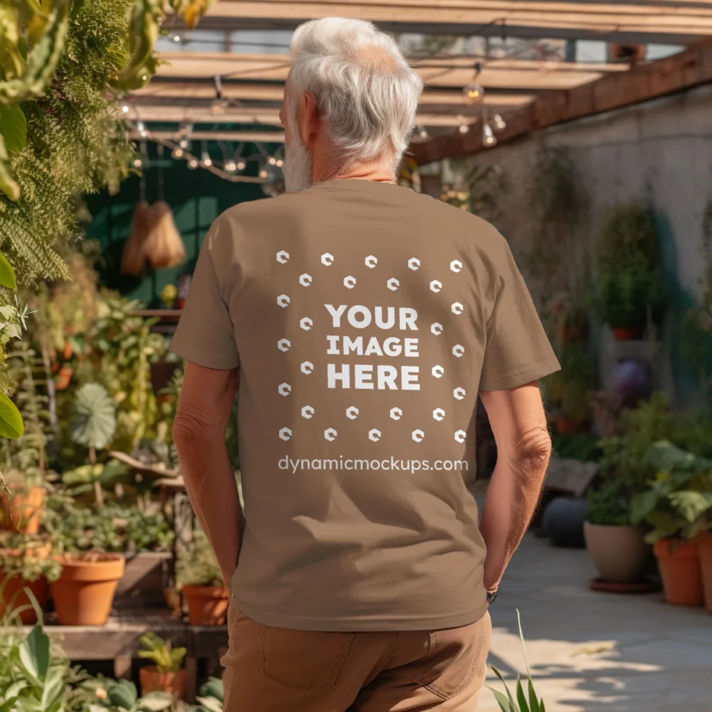 Man Wearing Brown T-shirt Mockup Back View Template