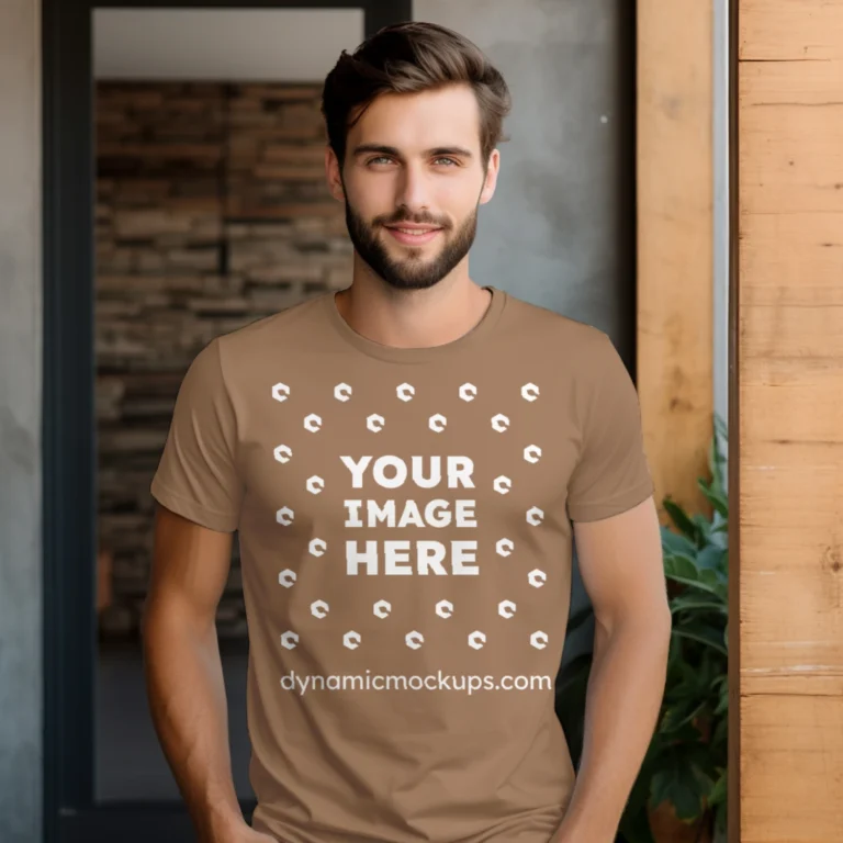 Man Wearing Brown T-shirt Mockup Front View Template