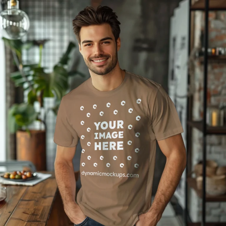 Man Wearing Brown T-shirt Mockup Front View Template