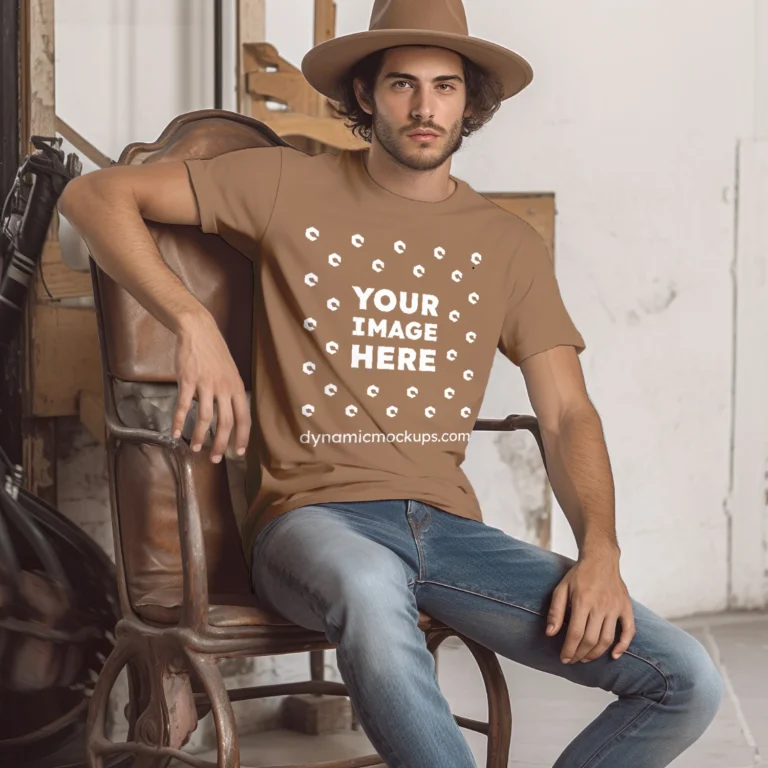 Man Wearing Brown T-shirt Mockup Front View Template