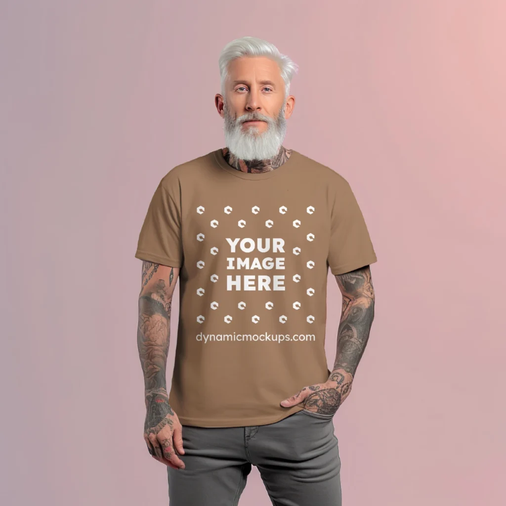 Man Wearing Brown T-shirt Mockup Front View Template