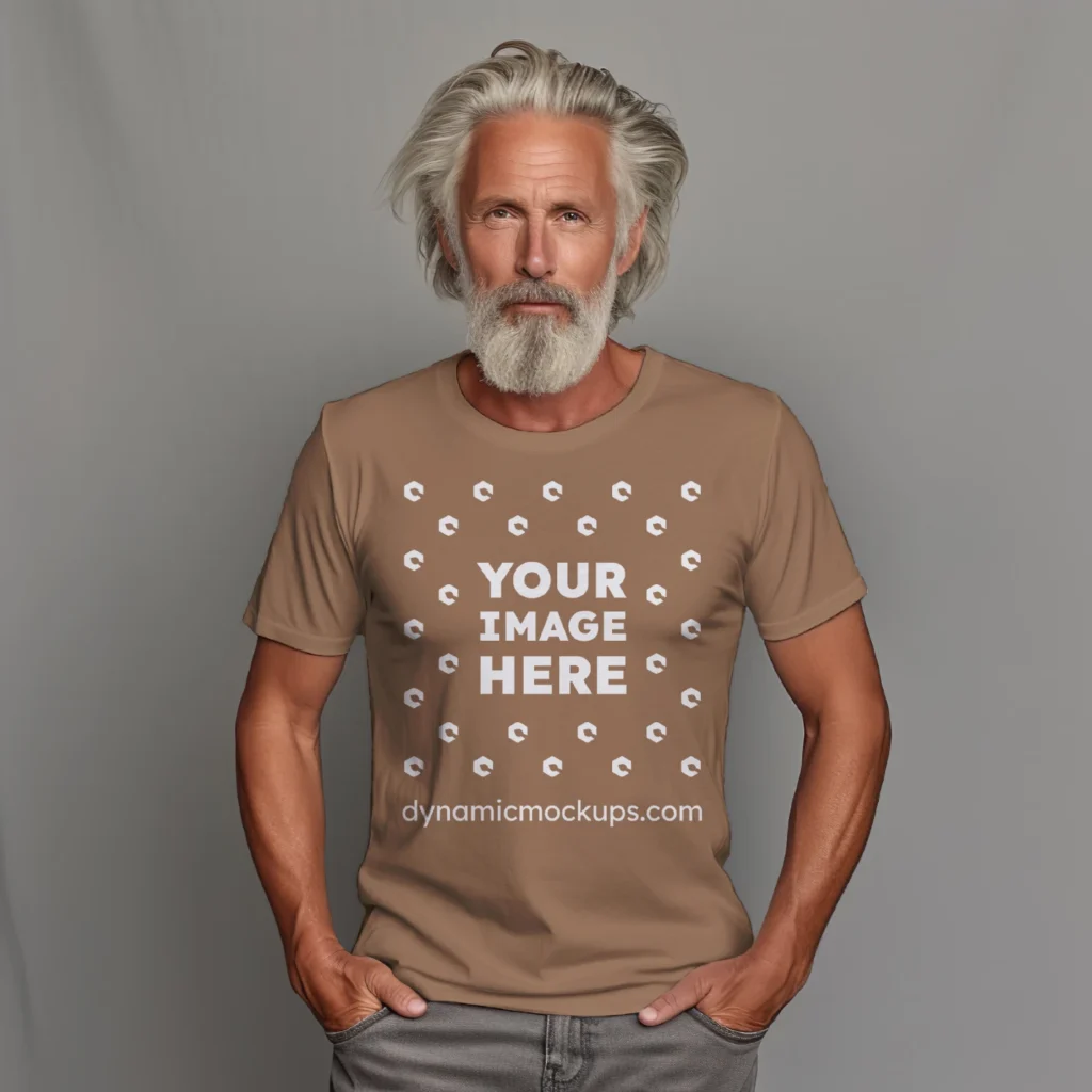 Man Wearing Brown T-shirt Mockup Front View Template