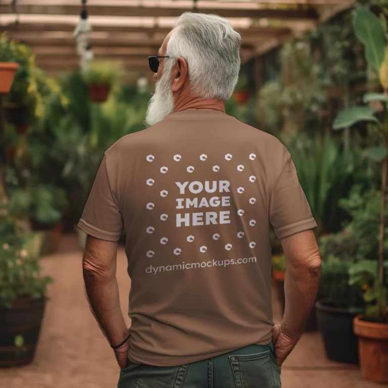 Man Wearing Brown T-shirt Mockup Back View Template