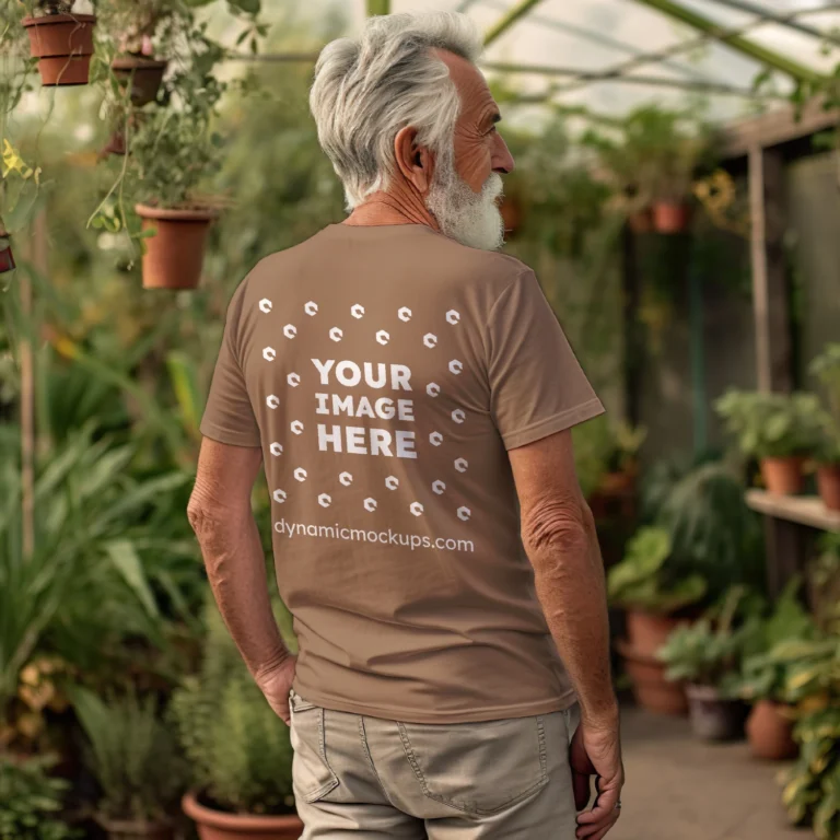 Man Wearing Brown T-shirt Mockup Back View Template