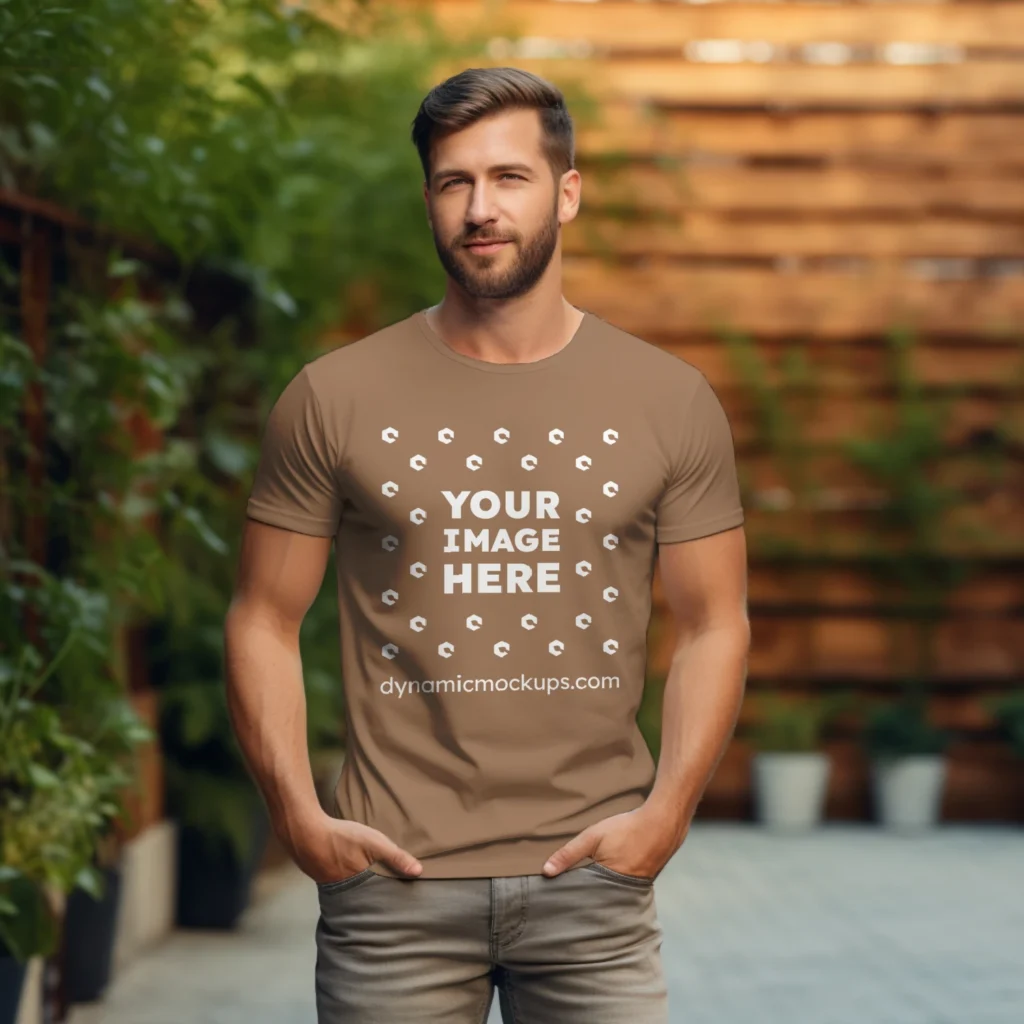 Man Wearing Brown T-shirt Mockup Front View Template