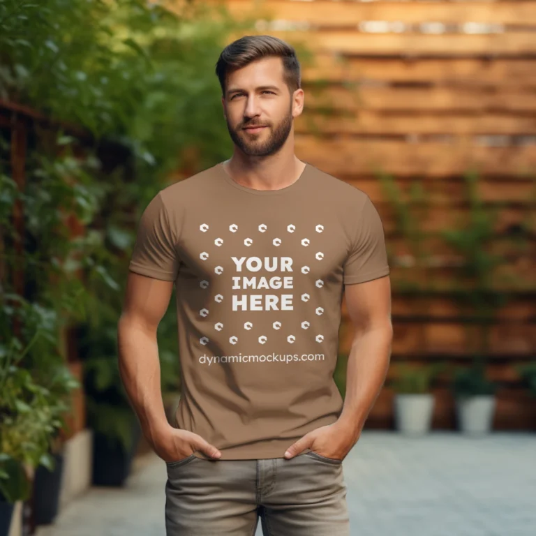 Man Wearing Brown T-shirt Mockup Front View Template