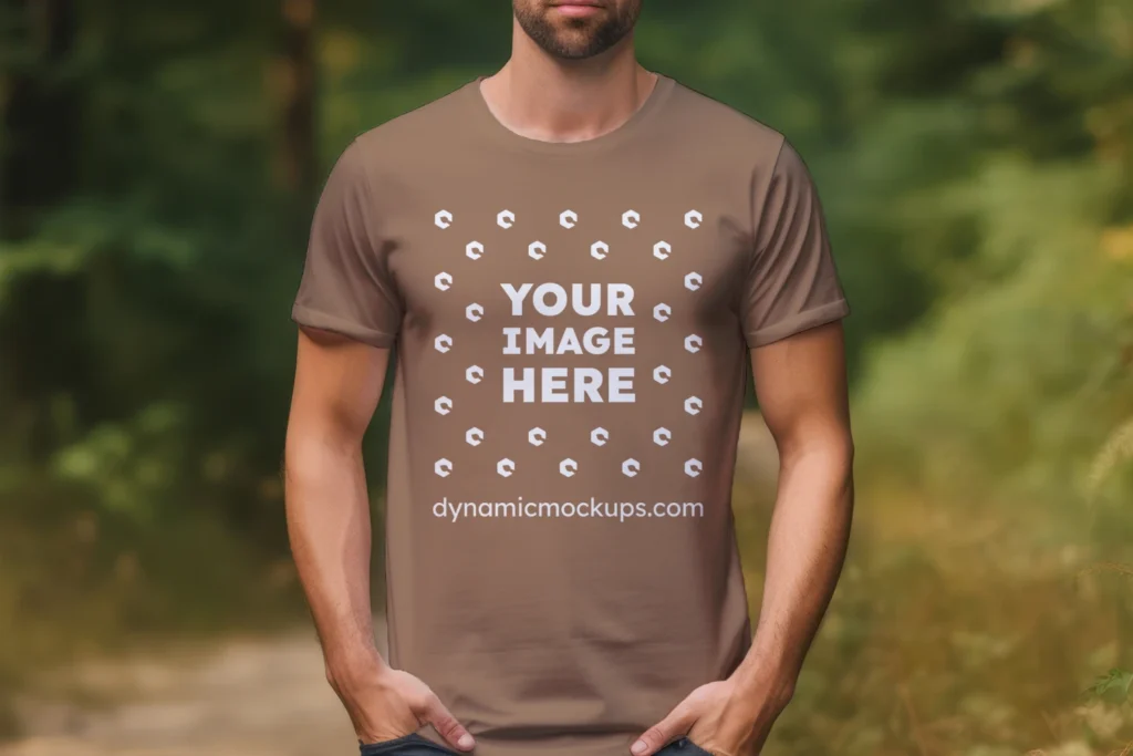 Man Wearing Brown T-shirt Mockup Front View Template