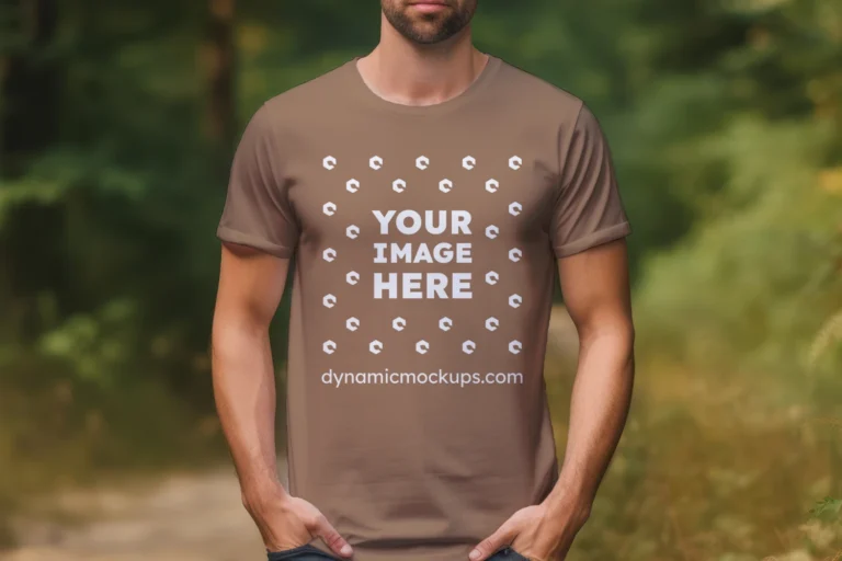 Man Wearing Brown T-shirt Mockup Front View Template