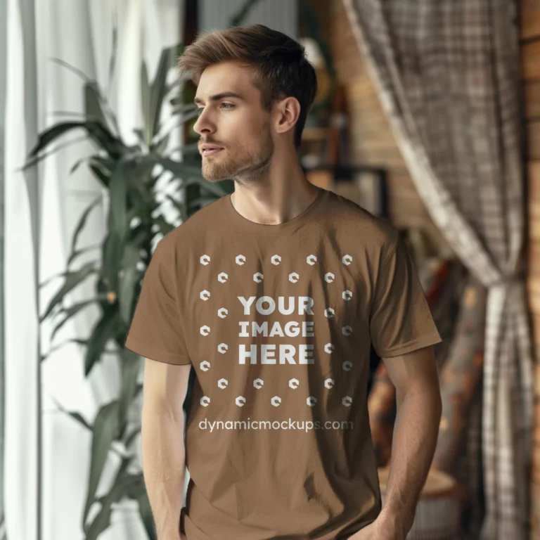 Man Wearing Brown T-shirt Mockup Front View Template