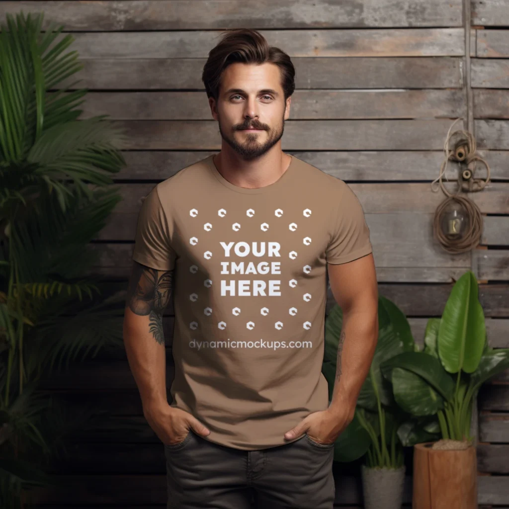 Man Wearing Brown T-shirt Mockup Front View Template