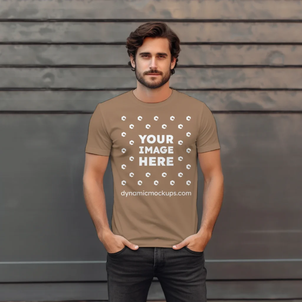 Man Wearing Brown T-shirt Mockup Front View Template