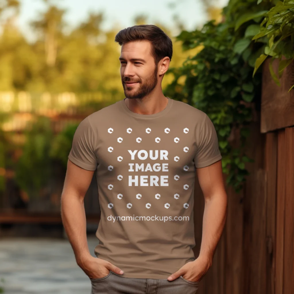 Man Wearing Brown T-shirt Mockup Front View Template