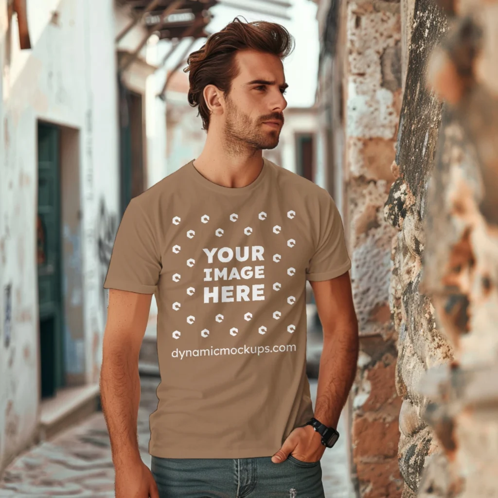 Man Wearing Brown T-shirt Mockup Front View Template