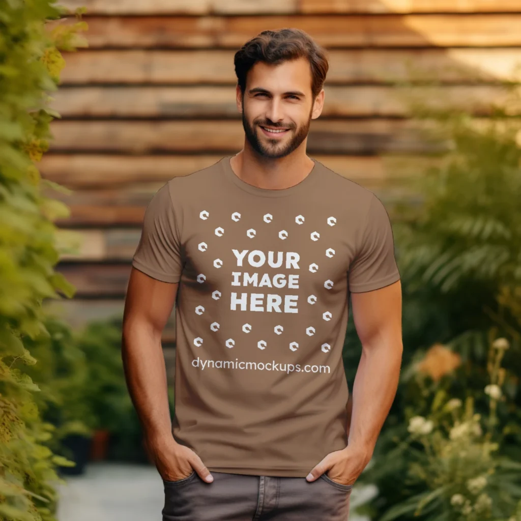 Man Wearing Brown T-shirt Mockup Front View Template