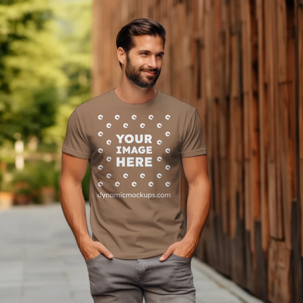 Man Wearing Brown T-shirt Mockup Front View Template