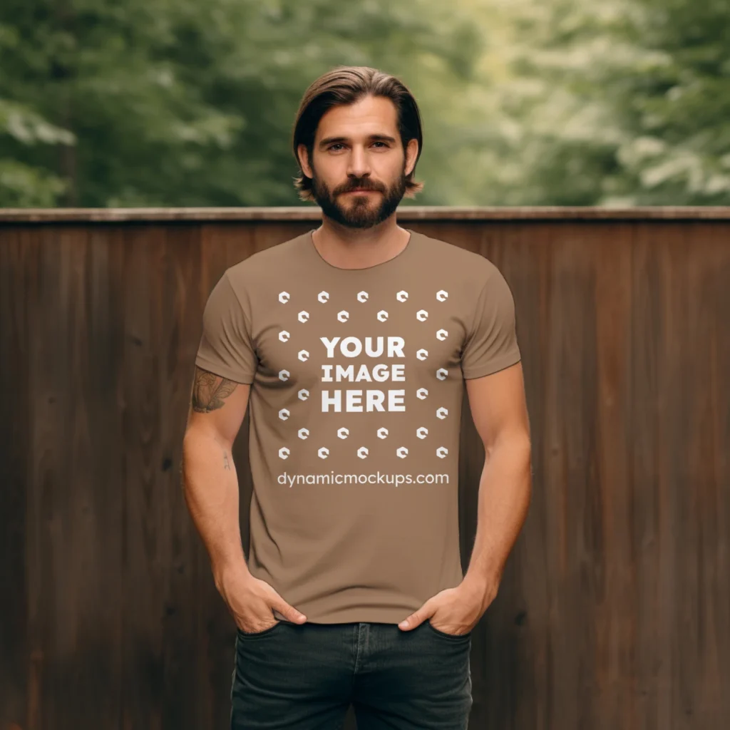 Man Wearing Brown T-shirt Mockup Front View Template