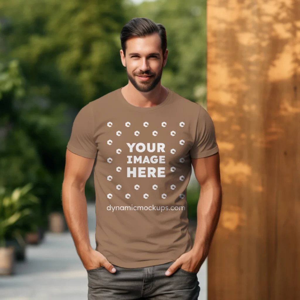 Man Wearing Brown T-shirt Mockup Front View Template