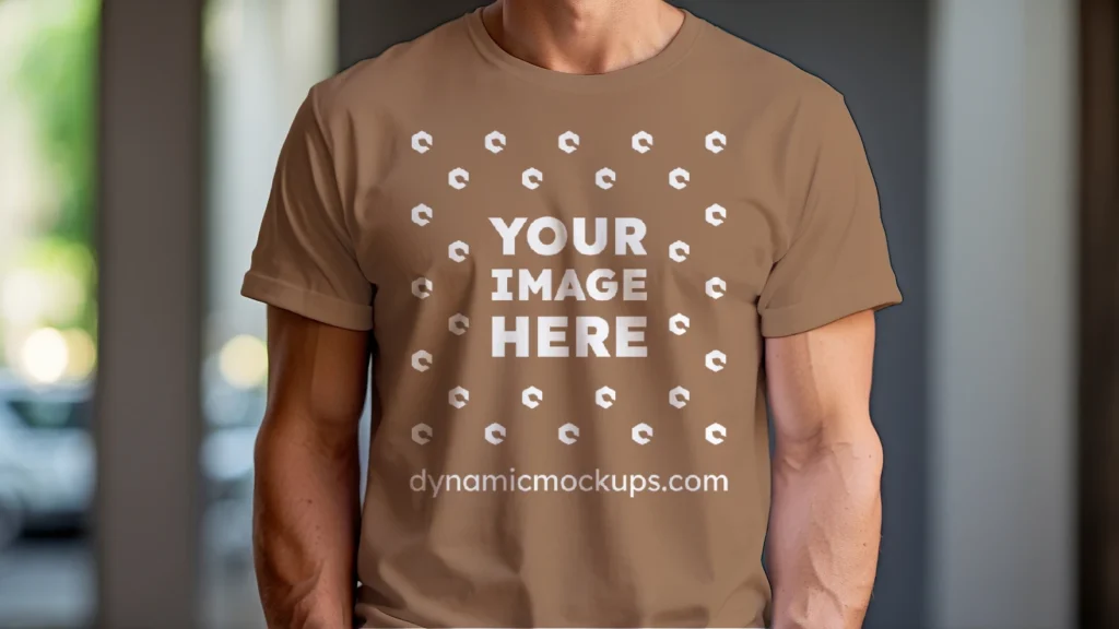 Man Wearing Brown T-shirt Mockup Front View Template