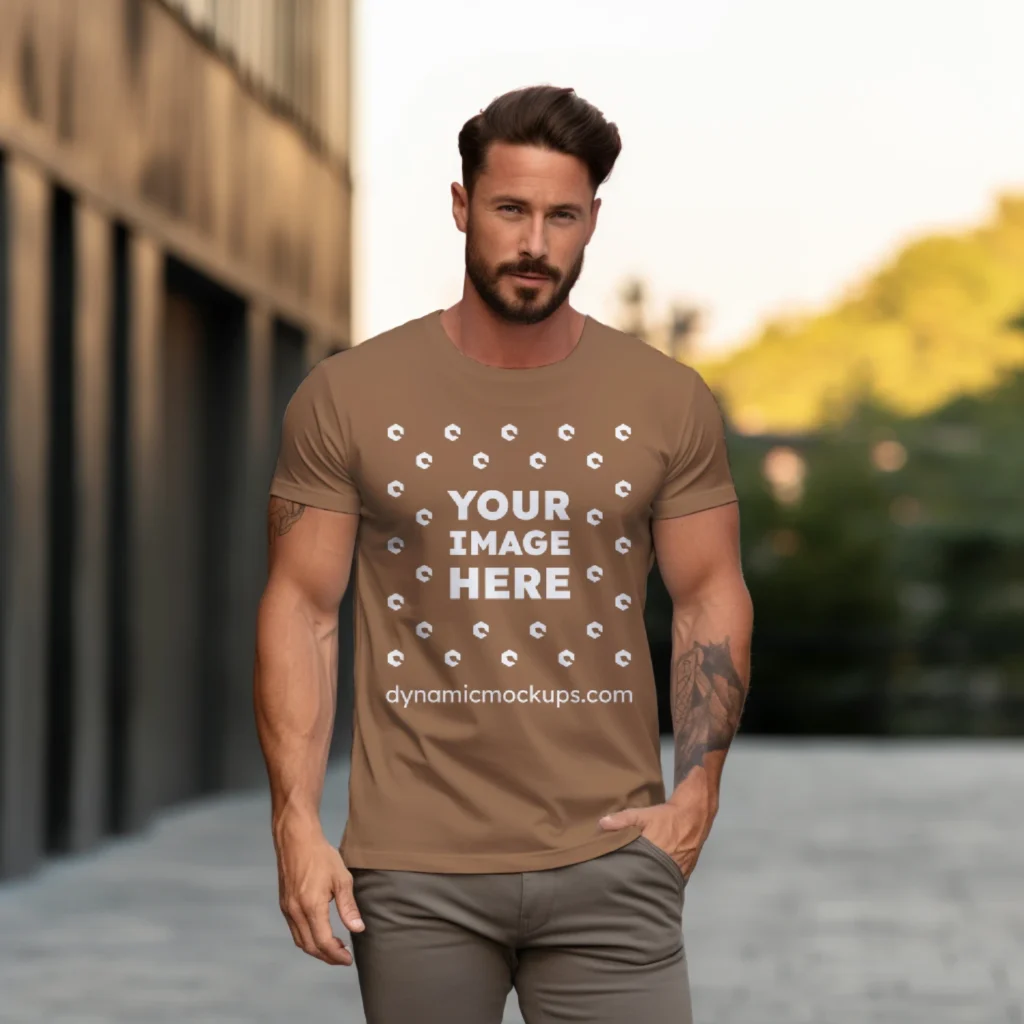 Man Wearing Brown T-shirt Mockup Front View Template