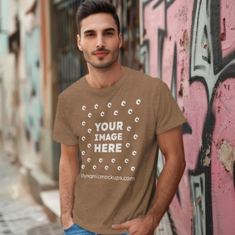 Man Wearing Brown T-shirt Mockup Front View Template