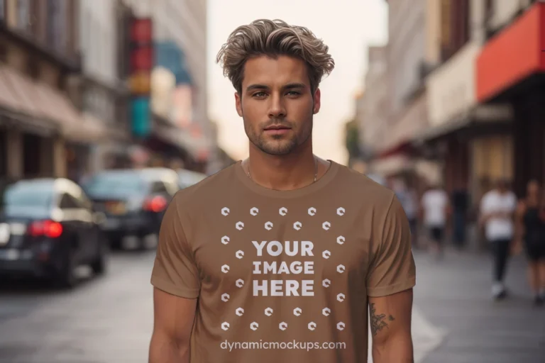 Man Wearing Brown T-shirt Mockup Front View Template