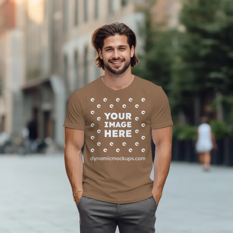 Man Wearing Brown T-shirt Mockup Front View Template