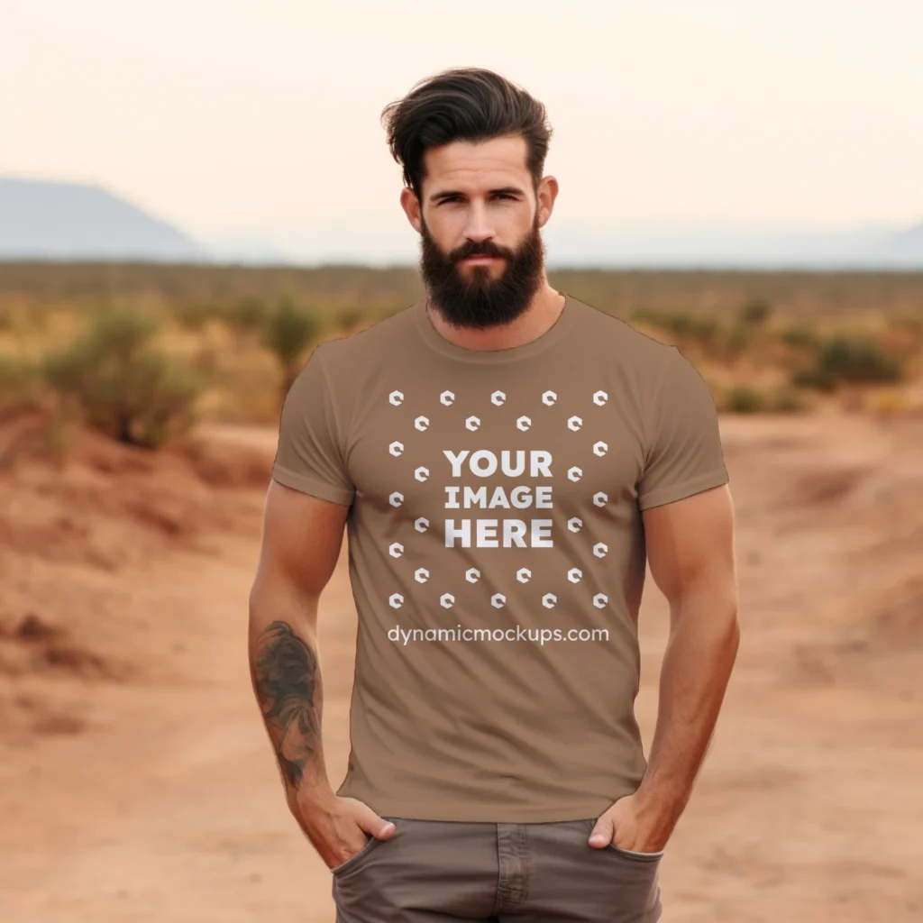 Man Wearing Brown T-shirt Mockup Front View Template