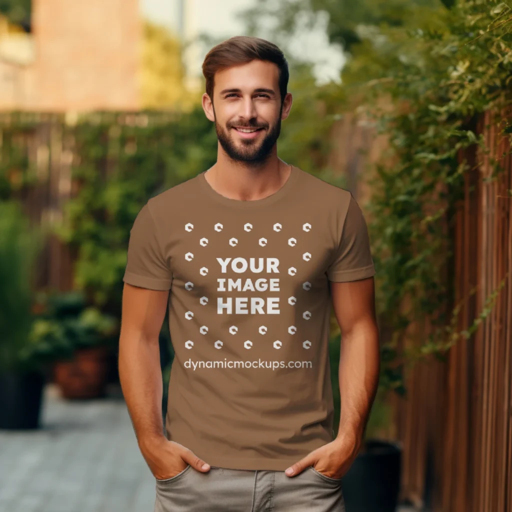 Man Wearing Brown T-shirt Mockup Front View Template