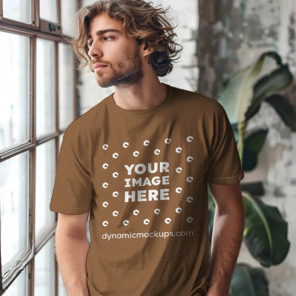 Man Wearing Brown T-shirt Mockup Front View Template