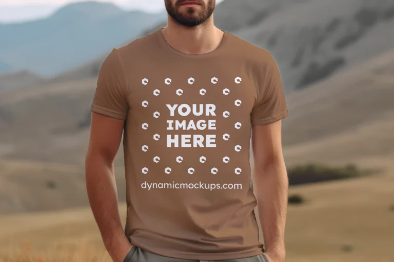 Man Wearing Brown T-shirt Mockup Front View Template