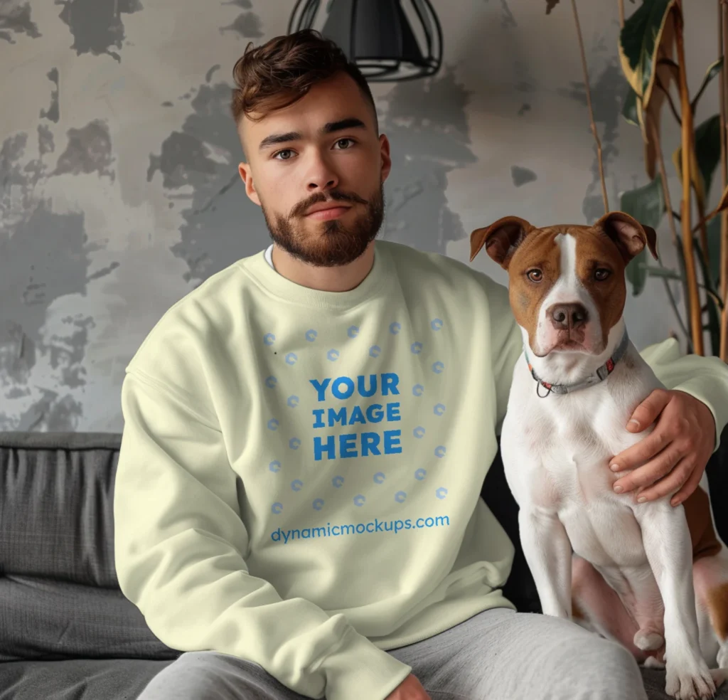 Man Wearing Cream Sweatshirt Mockup Front View Template