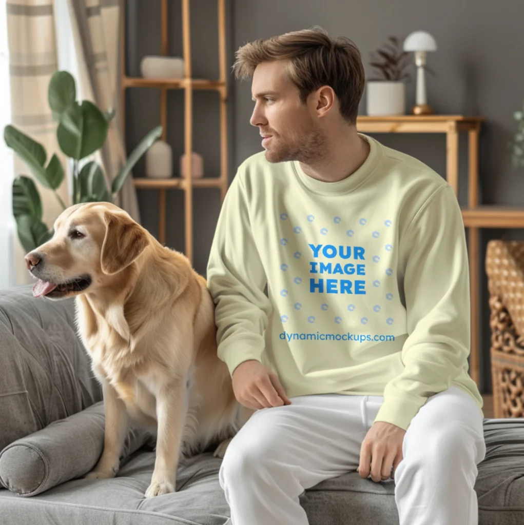 Man Wearing Cream Sweatshirt Mockup Front View Template