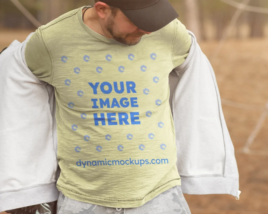 Man Wearing Cream Sweatshirt Mockup Front View Template