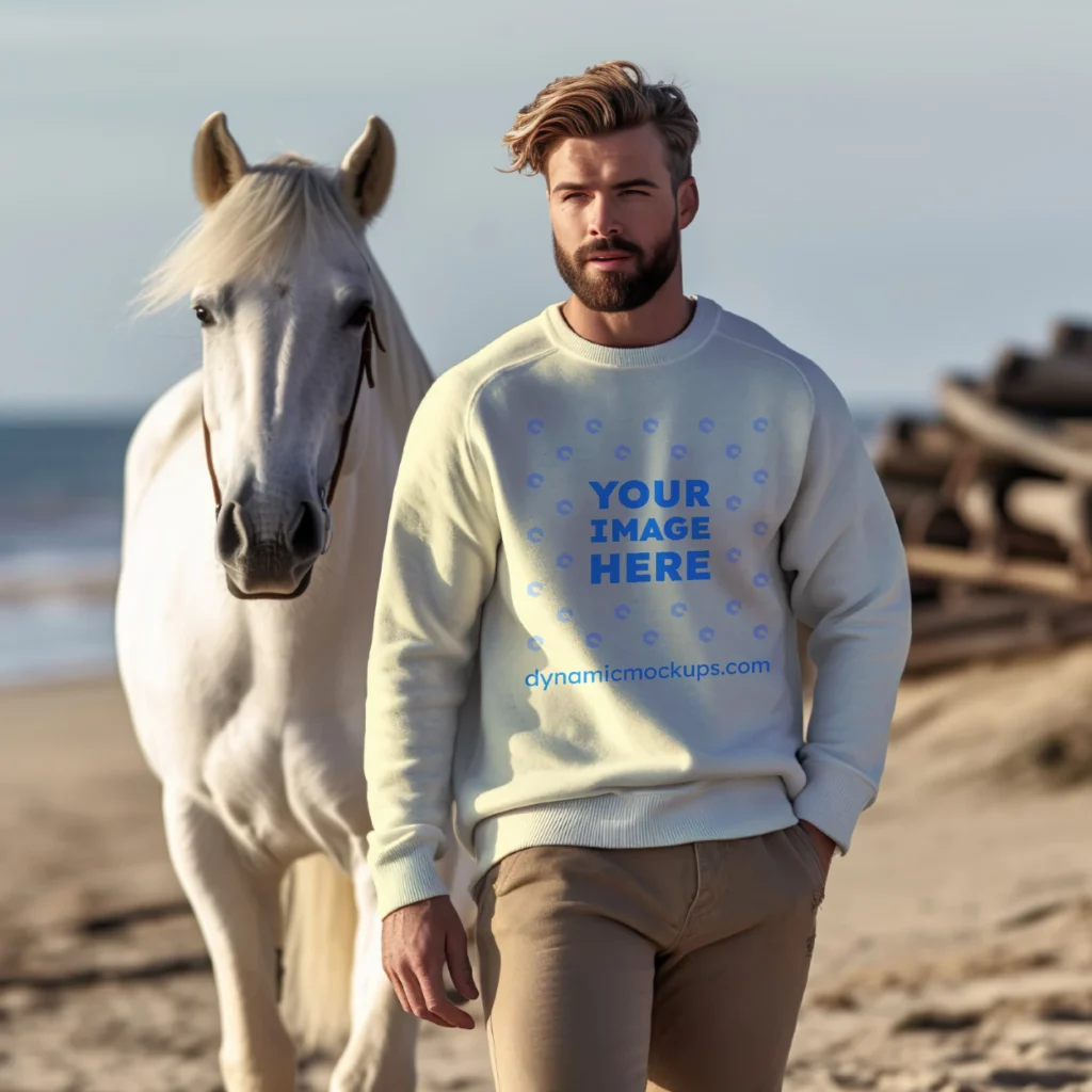 Man Wearing Cream Sweatshirt Mockup Front View Template