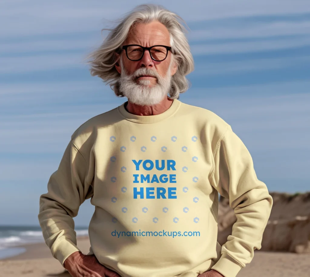 Man Wearing Cream Sweatshirt Mockup Front View Template