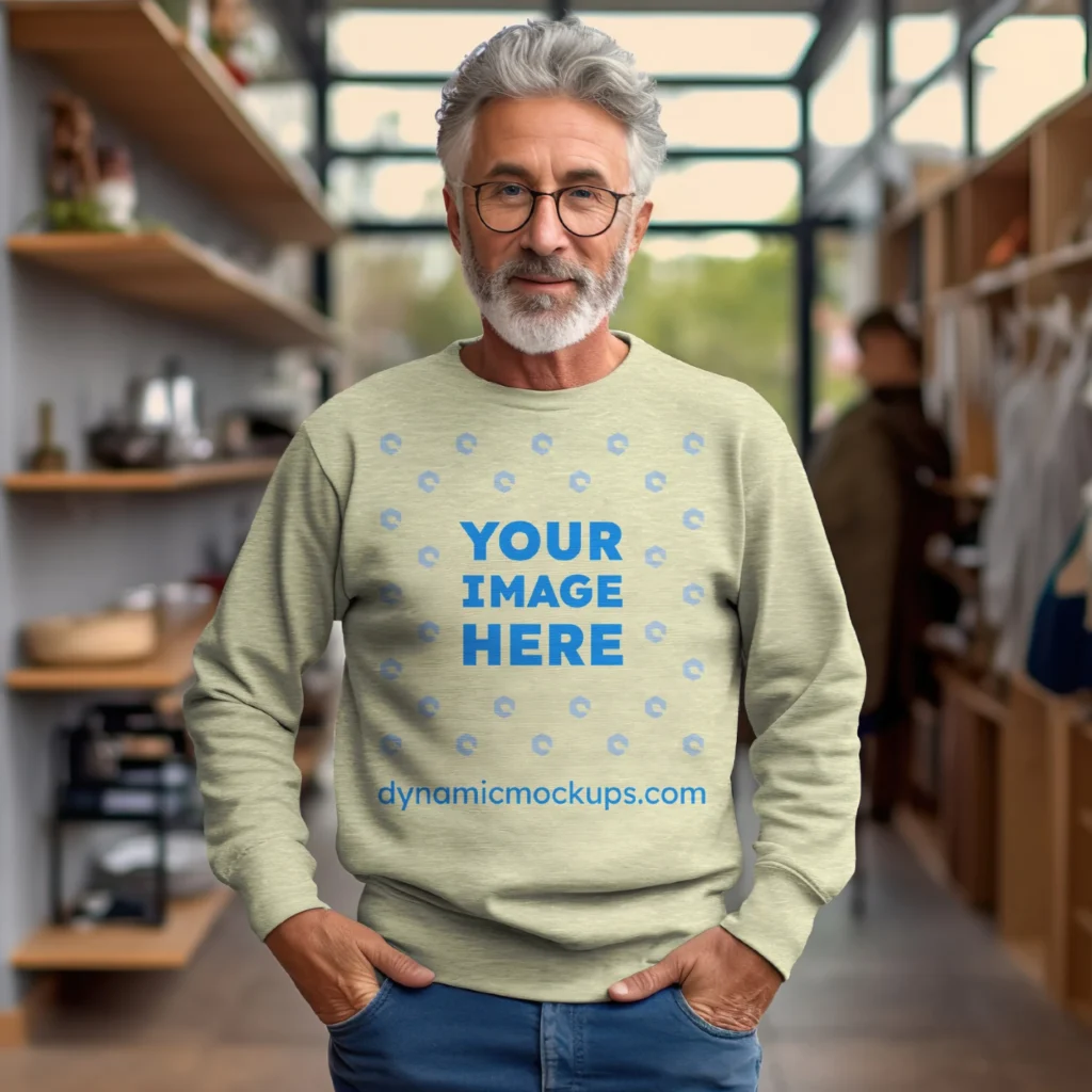 Man Wearing Cream Sweatshirt Mockup Front View Template