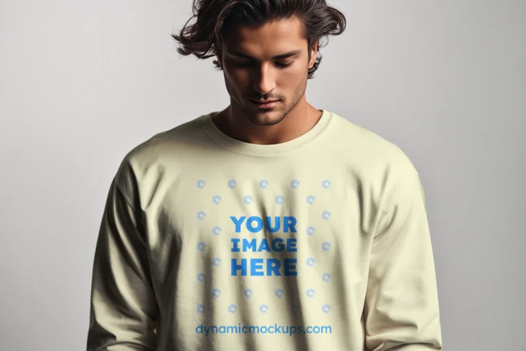 Man Wearing Cream Sweatshirt Mockup Front View Template