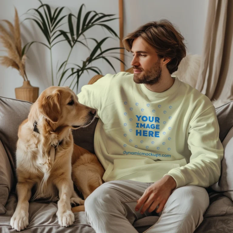 Man Wearing Cream Sweatshirt Mockup Front View Template