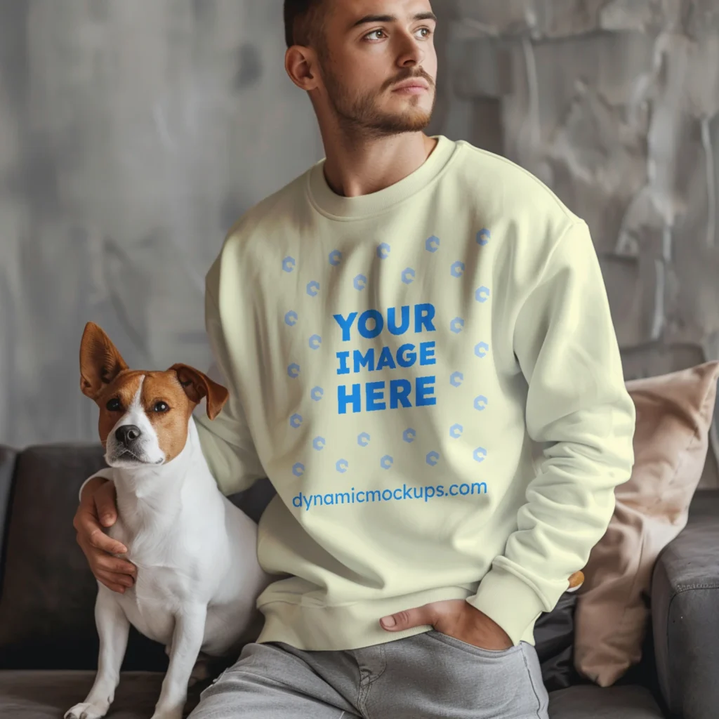 Man Wearing Cream Sweatshirt Mockup Front View Template