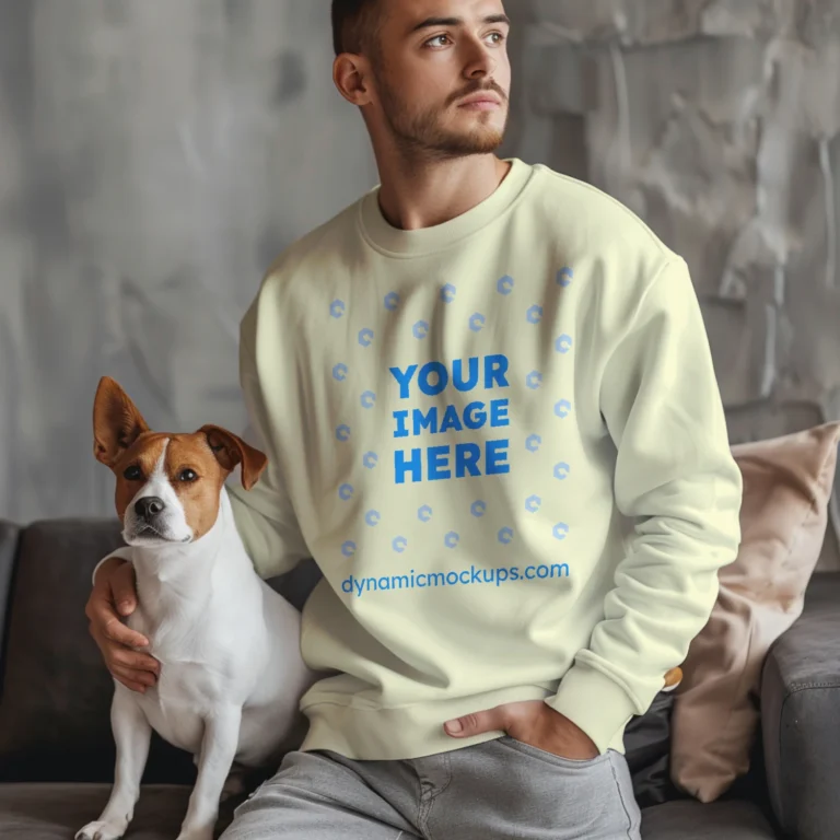 Man Wearing Cream Sweatshirt Mockup Front View Template