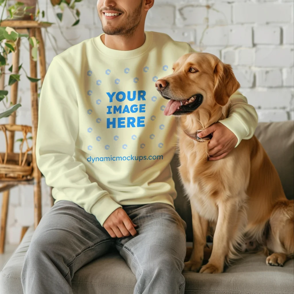 Man Wearing Cream Sweatshirt Mockup Front View Template