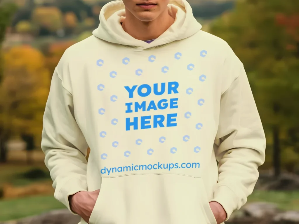 Man Wearing Cream Hoodie Mockup Front View Template