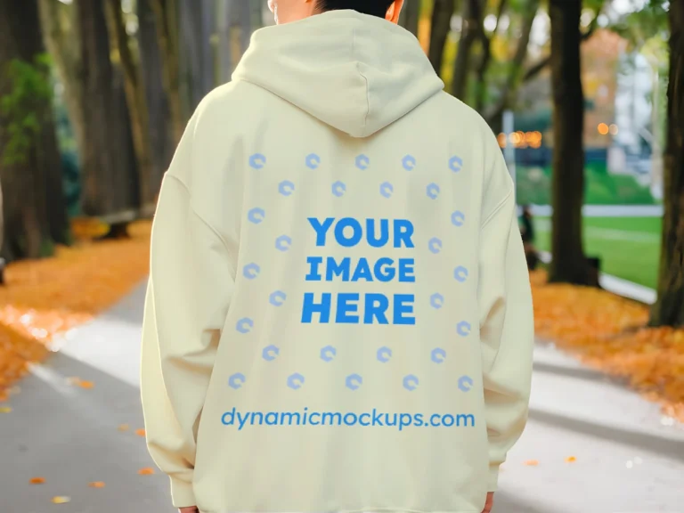 Man Wearing Cream Hoodie Mockup Back View Template