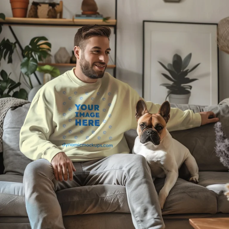 Man Wearing Cream Sweatshirt Mockup Front View Template