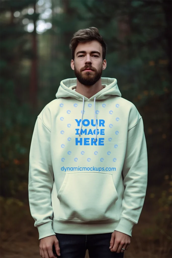 Man Wearing Cream Hoodie Mockup Front View Template