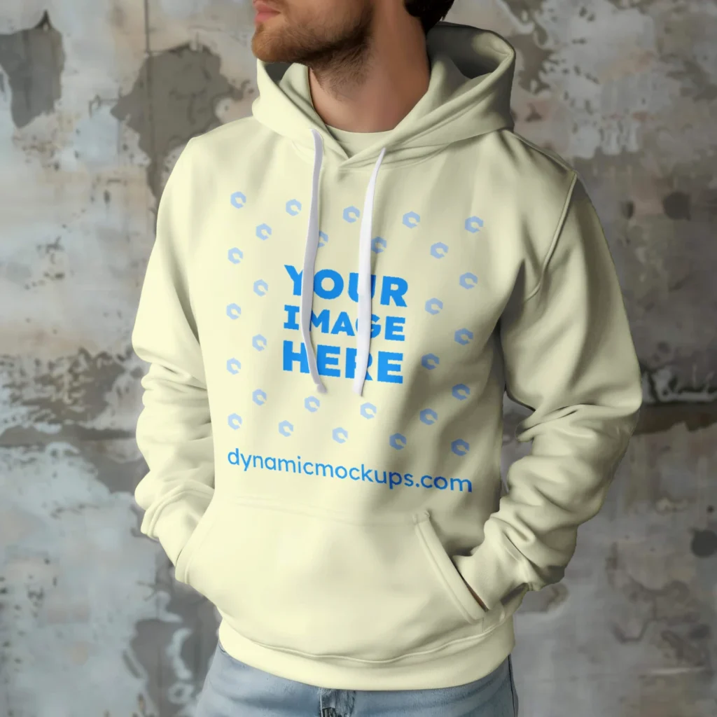 Man Wearing Cream Hoodie Mockup Front View Template