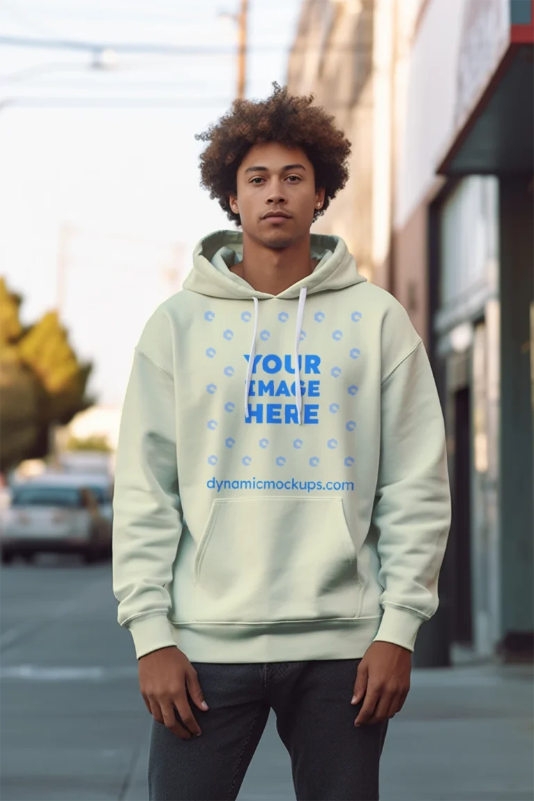 Man Wearing Cream Hoodie Mockup Front View Template