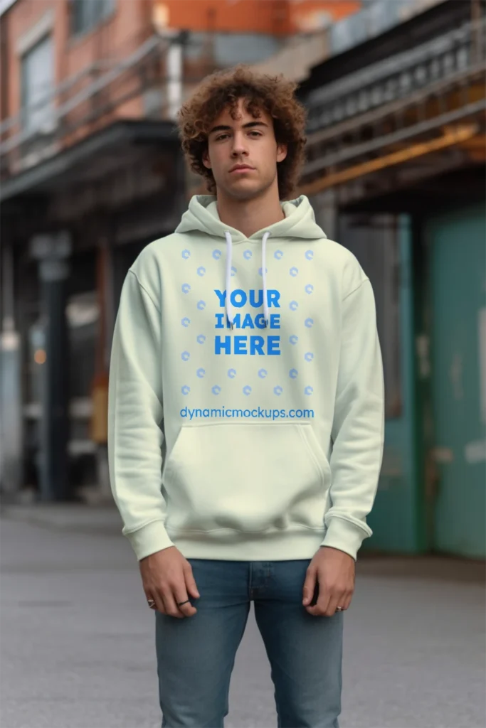 Man Wearing Cream Hoodie Mockup Front View Template