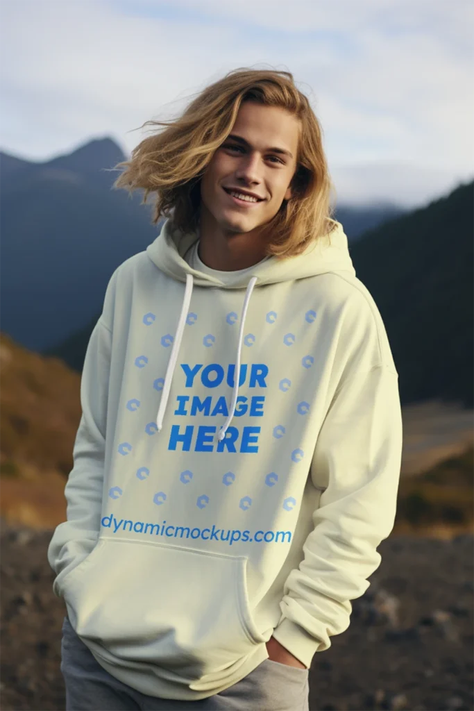 Man Wearing Cream Hoodie Mockup Front View Template