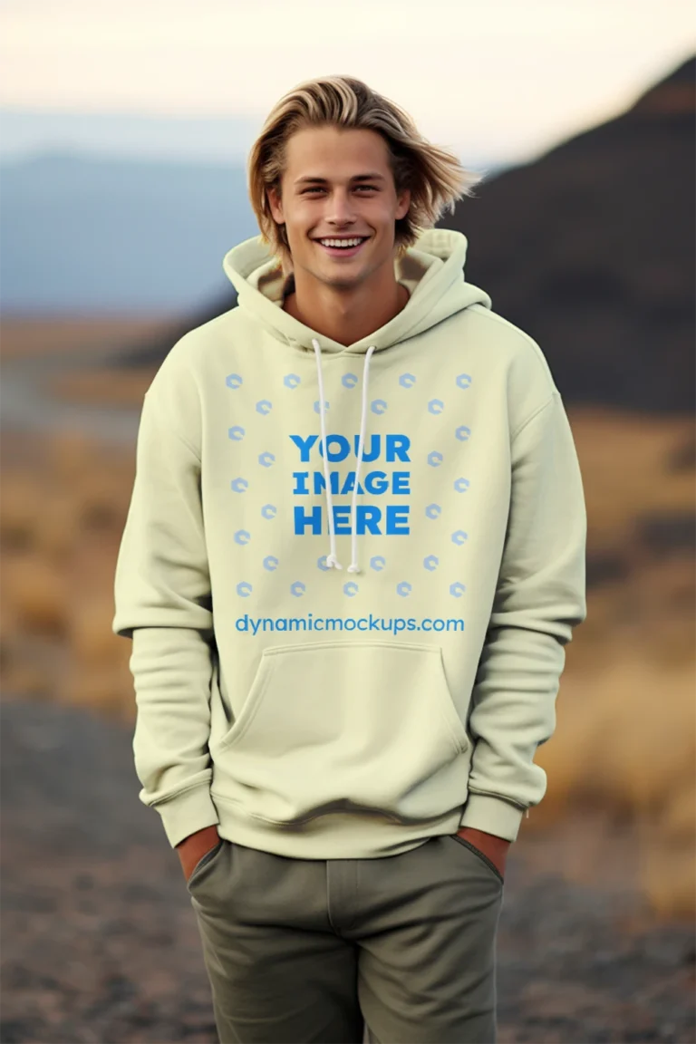 Man Wearing Cream Hoodie Mockup Front View Template